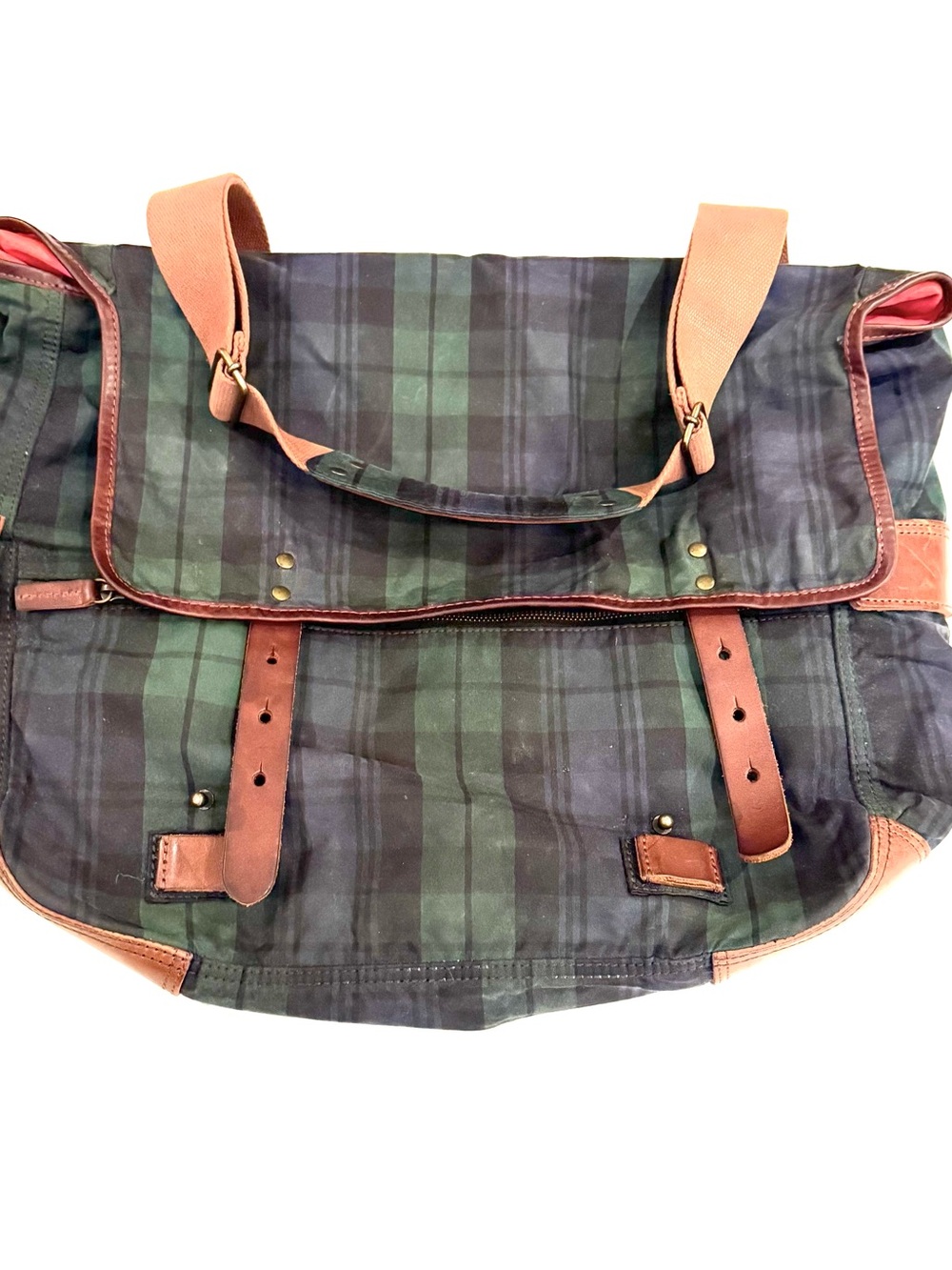 J. Crew Green and Navy Plaid Canvas Messenger Bag with Brown Leather Accents